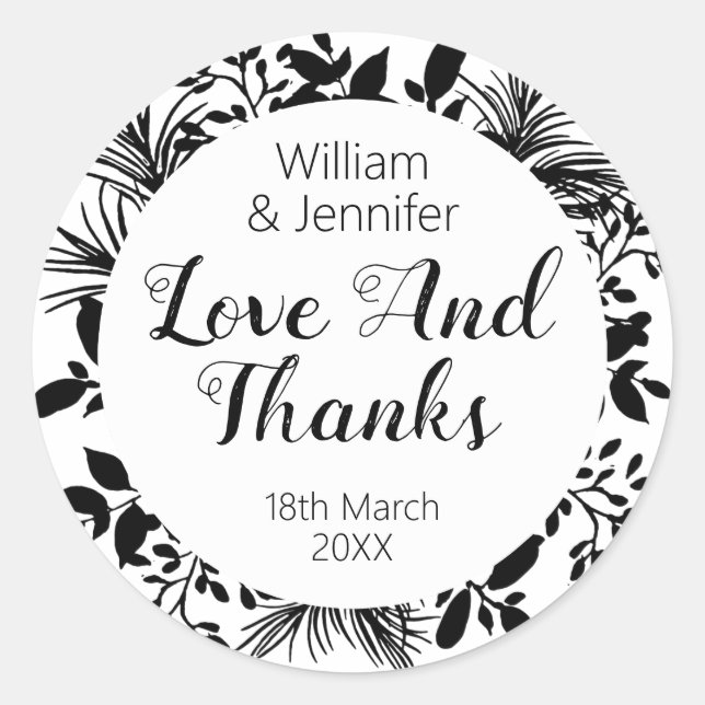 Pegatina Redonda Twigs y hojas blancas negras favorecen el bálsamo  (Anverso)