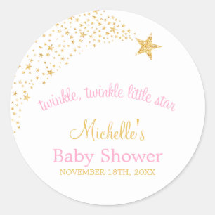 Pegatina Redonda Twinkle Little Shooting Star Gold Pink Baby Shower