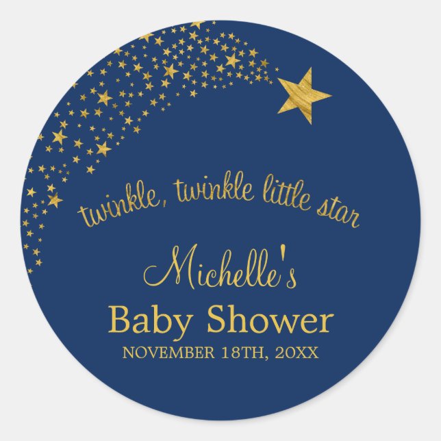 Pegatina Redonda Twinkle Little Shooting Star Navy Gold Baby Shower (Anverso)