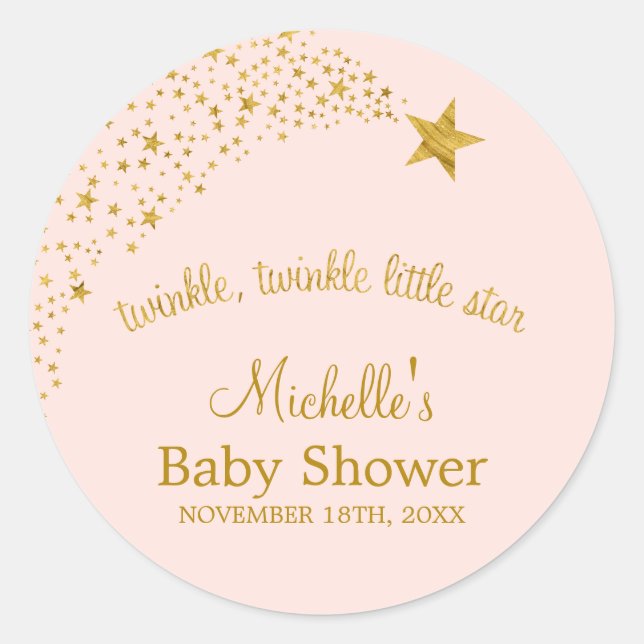 Pegatina Redonda Twinkle Little Shooting Star Pink Gold Baby Shower (Anverso)