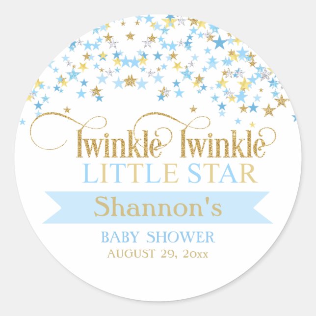 Pegatina Redonda Twinkle Little Star Baby Shower Blue & Gold (Anverso)