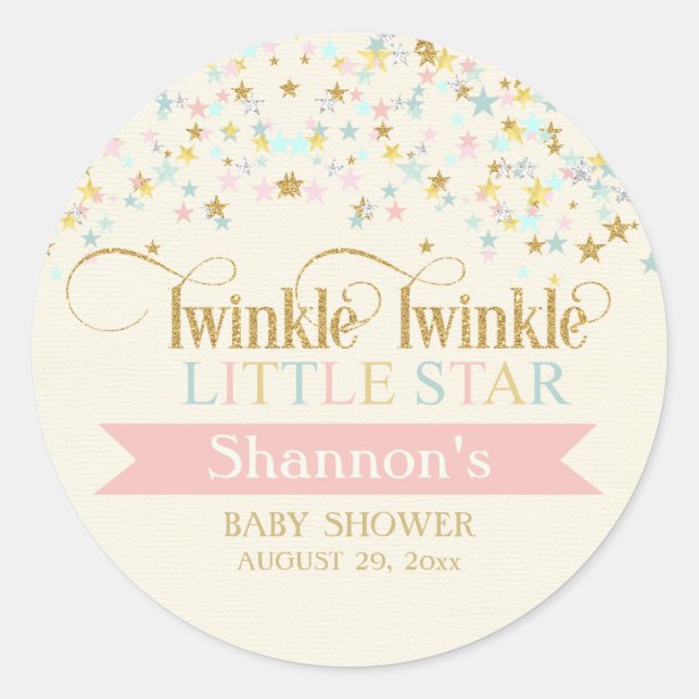 Pegatina Redonda Twinkle Little Star Baby Shower Gold Aqua Pink (Anverso)