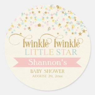 Pegatina Redonda Twinkle Little Star Baby Shower Gold Aqua Pink