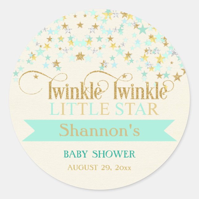Pegatina Redonda Twinkle Little Star Baby Shower Mint Green & Gold (Anverso)