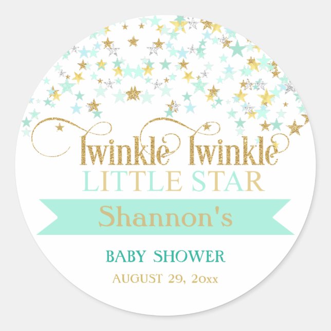 Pegatina Redonda Twinkle Little Star Baby Shower Mint Green & Gold (Anverso)