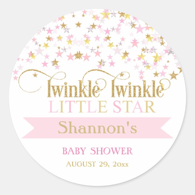Pegatina Redonda Twinkle Little Star Baby Shower Pink Gold (Anverso)