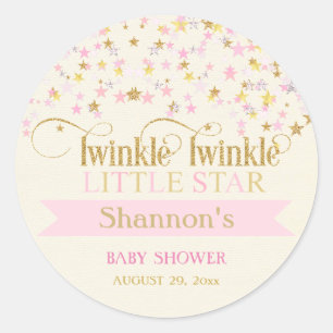Pegatina Redonda Twinkle Little Star Baby Shower Pink Gold Creme
