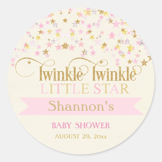 Pegatina Redonda Twinkle Little Star Baby Shower Pink Gold Creme (Anverso)