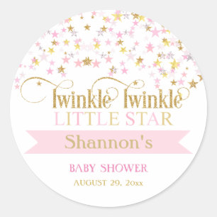 Pegatina Redonda Twinkle Little Star Baby Shower Rosa Oro