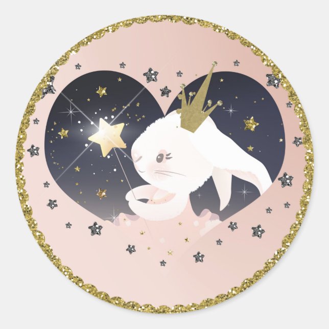 Pegatina Redonda Twinkle Little Star Bunny Rabbit Peach Baby Shower (Anverso)