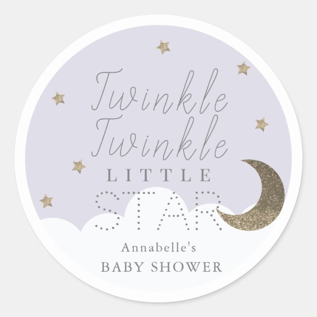Pegatina Redonda Twinkle Little Star Lilac Baby Shower (Anverso)