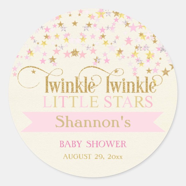 Pegatina Redonda Twinkle Little Stars Twins Baby Shower Pink Gold (Anverso)