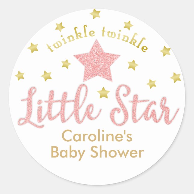Pegatina Redonda Twinkle Twinkle Little Star Baby Shower Pink Gold (Anverso)
