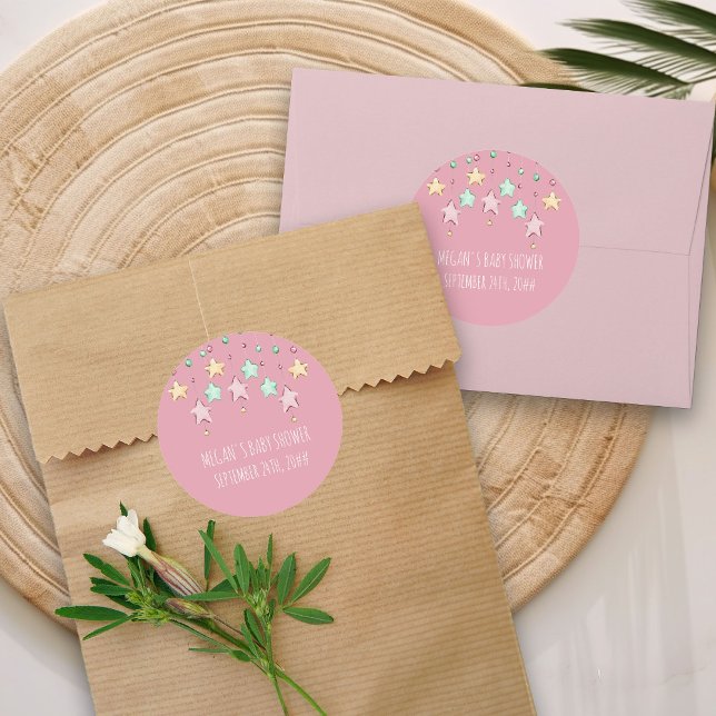 Pegatina Redonda Twinkle Twinkle Little Star Pink Baby Shower (Pink Stickers from my Twinkle Twinkle baby shower collection)