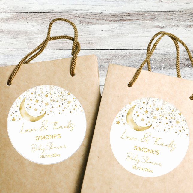 Pegatina Redonda Twinkle twinkle pequeña estrella pequeña ducha de  (Twinkle twinkle little star baby shower thank you favor sticker gold moon stars thank you stickers)