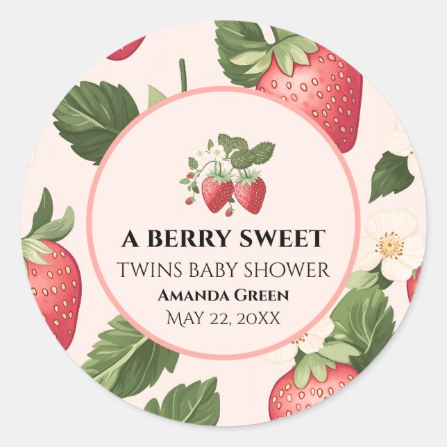 Pegatina Redonda TWINS Berry Sweet Strawberry Baby Shower (Anverso)