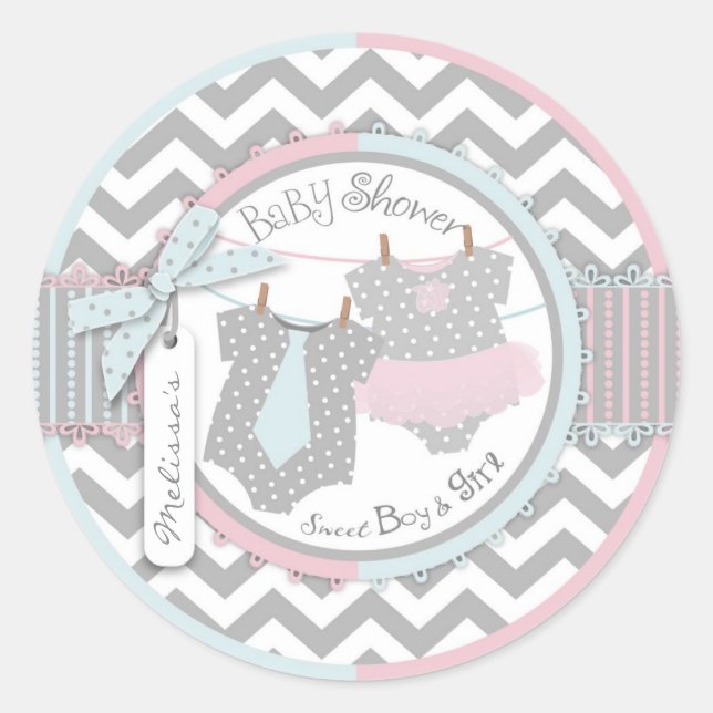 Pegatina Redonda Twins Tie Tutu Chevron Baby Shower (Anverso)