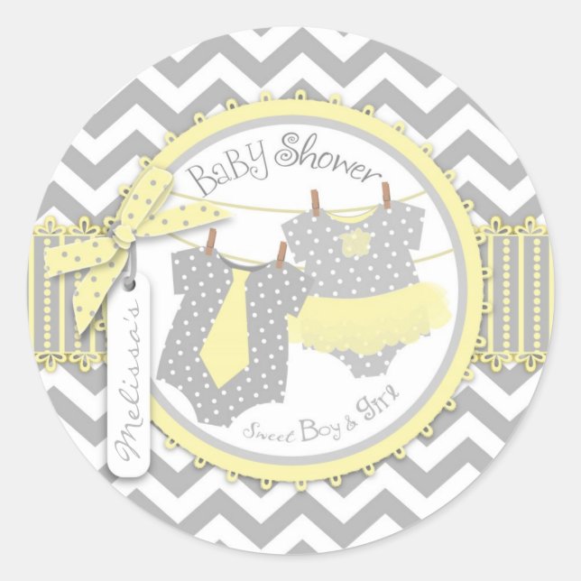 Pegatina Redonda Twins Tie Tutu Chevron Baby Shower (Anverso)