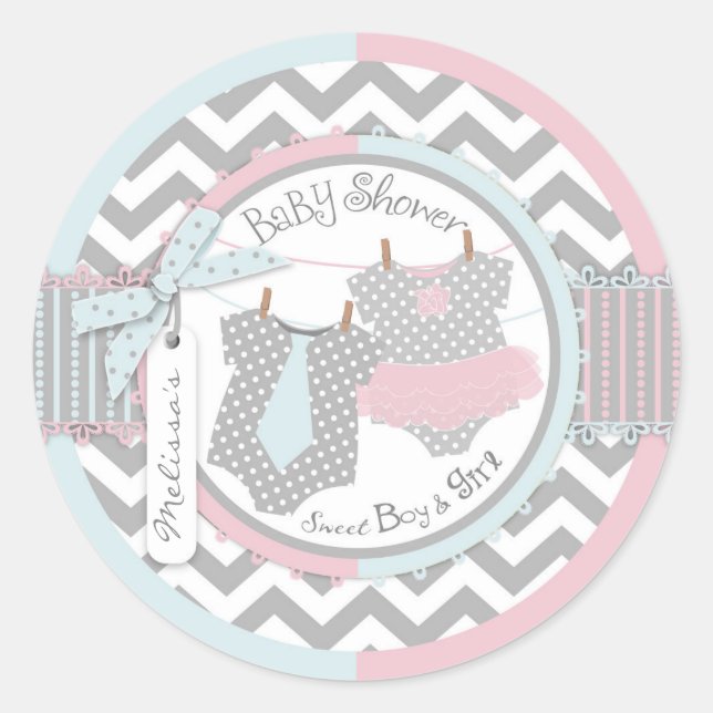 Pegatina Redonda Twins Tie Tutu Chevron Imprimir Baby Shower (Anverso)