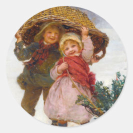 Pegatina Redonda Two children in the snow by Frederick Morgan