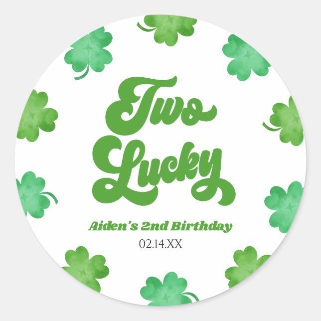 Pegatina Redonda Two Lucky Green Shamrock Clover 2nd Birthday Party (Anverso)
