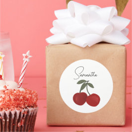 Pegatina Redonda Two Red Cherries Illustration | Cute Fruit Art