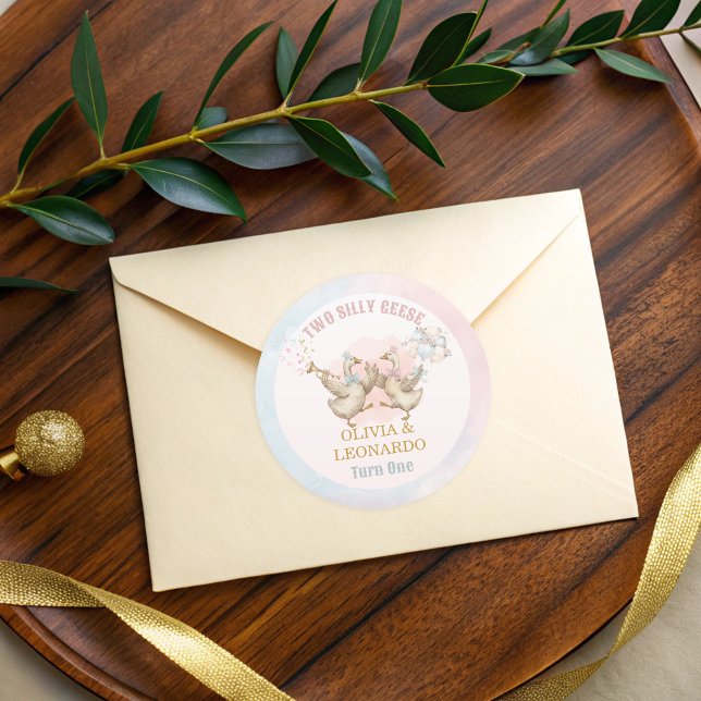 Pegatina Redonda Two Silly Geese Boy & Girl Twins Birthday (Subido por el creador)