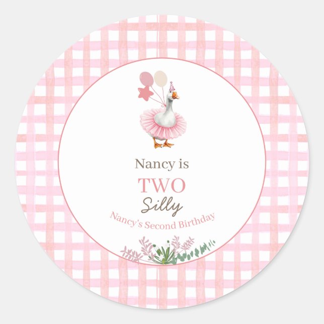Pegatina Redonda Two Silly Goose Cumpleaños 2 Pink  (Anverso)