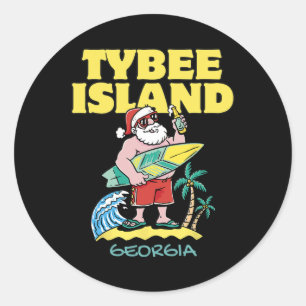 Pegatina Redonda Tybee Island Georgia Santa Navidades Surfing