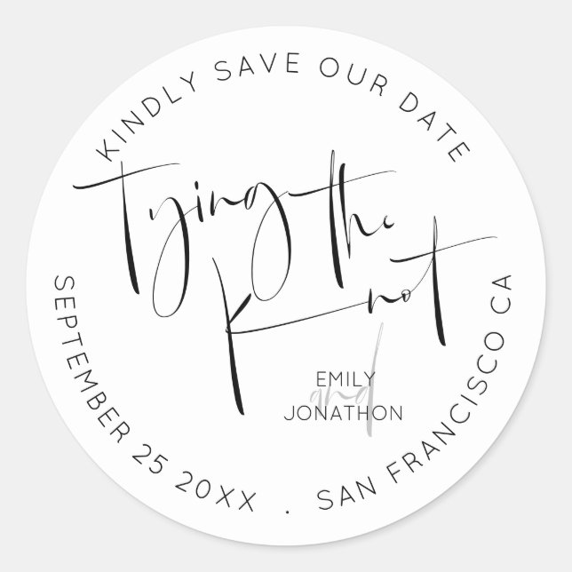 Pegatina Redonda Tying the Knot Script Black White Save The Date (Anverso)