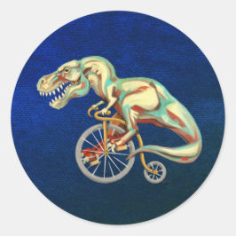 Pegatina Redonda Tyrannosaurus montando una bicicleta