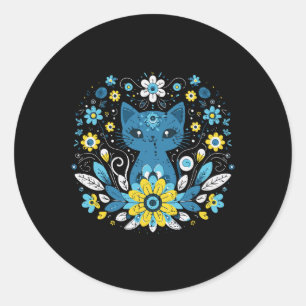 Pegatina Redonda Ucrania Azul Amarillo Gato Flores Chicas Ucraniana