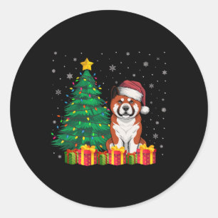 Pegatina Redonda Ugly Akita Santa Hat Navidades iluminan a perro co