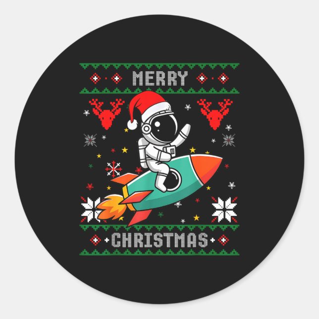 Pegatina Redonda Ugly Christmas Astronaut Riding Rocket Santa Hat T (Anverso)