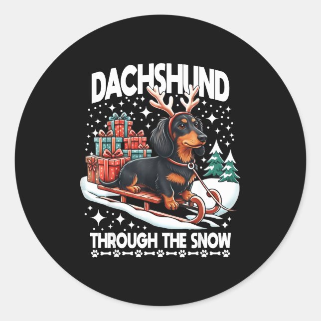 Pegatina Redonda Ugly Dachshund Christmasthrough The Snow Gift Chri (Anverso)