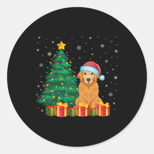 Pegatina Redonda Ugly Golden Retriever Santa Hat Navidades Luces D