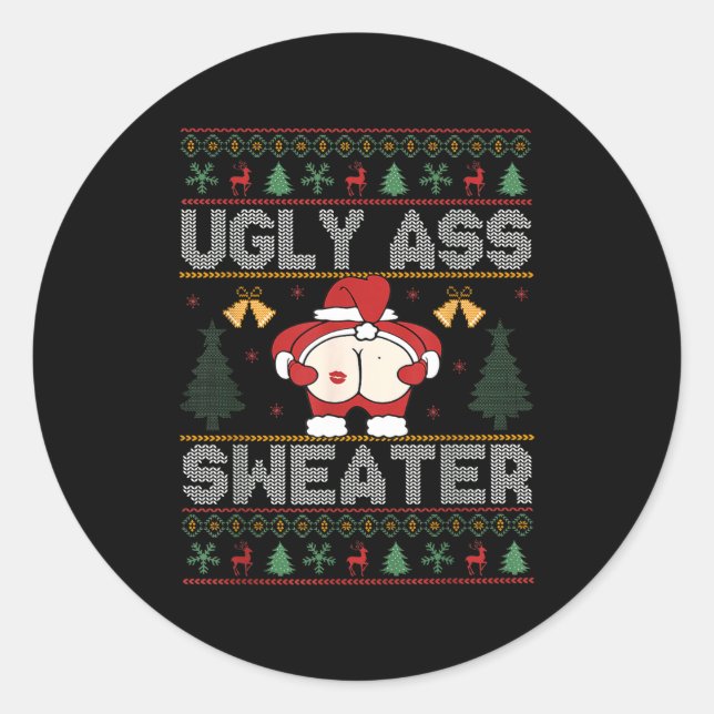 Pegatina Redonda Ugly Sweater Santa Merry Christmas Funny Pajamas X (Anverso)