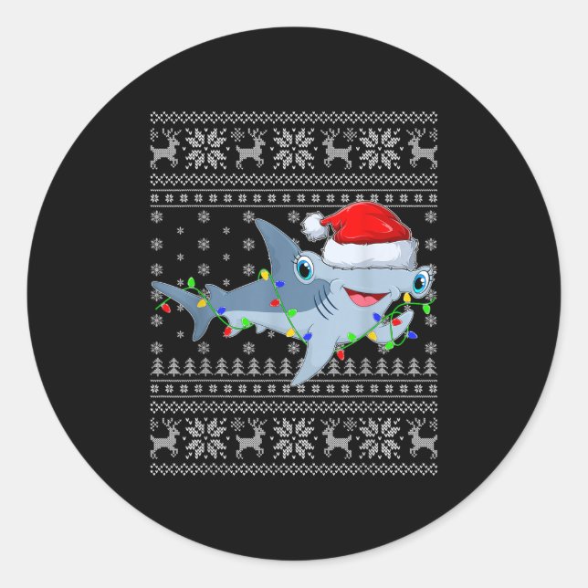 Pegatina Redonda Ugly Sweater Xmas Lights Santa Hammerhead Shark Ch (Anverso)