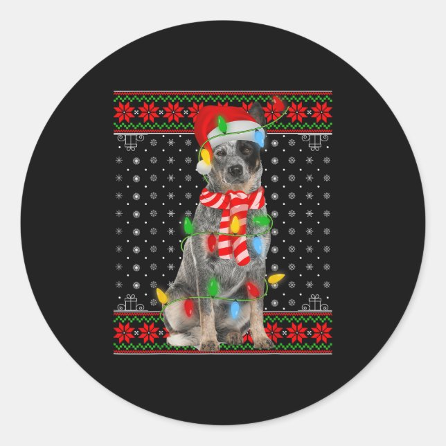 Pegatina Redonda Ugly Xmas Dog Lights Santa Hat Blue Heeler Dog Chr (Anverso)