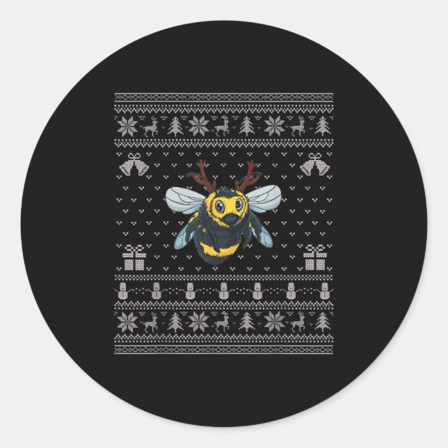 Pegatina Redonda Ugly Xmas Sweater Style Bumble Bee Reindeer Christ (Anverso)