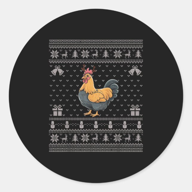 Pegatina Redonda Ugly Xmas Sweater Style Chicken Reindeer Christmas (Anverso)