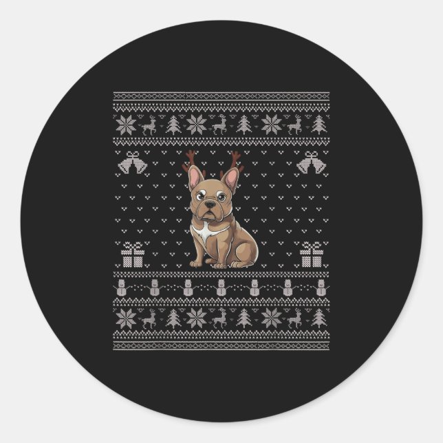 Pegatina Redonda Ugly Xmas Sweater Style Frenchie Dog Reindeer Chri (Anverso)