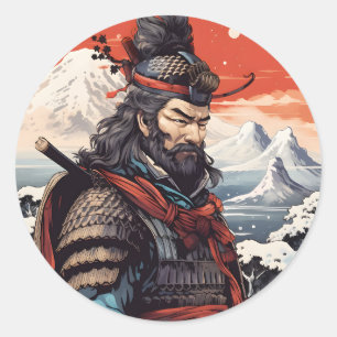 Pegatina Redonda Ukiyo-e samurai Japón