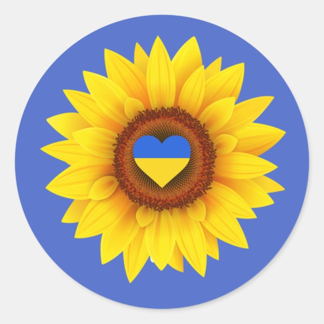 Pegatina Redonda Ukraine Flag, Sunflower, & Heart (blue & yellow) (Anverso)