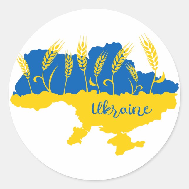 Pegatina Redonda Ukraine typography and wheat ear on Ukrainian flag (Anverso)