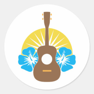 Pegatina Redonda Ukulele Hibiscus