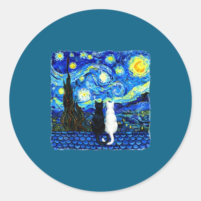 Pegatina Redonda Ultimate Starry Night Van Cat Gogh (Anverso)