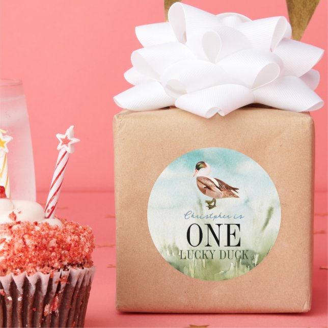Pegatina Redonda Un afortunado pato acuarela niño primer cumpleaños (Fiesta)
