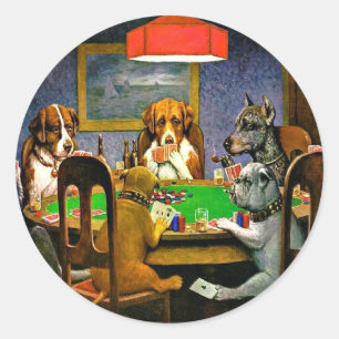 Pegatina Redonda Un amigo en necesidad, Perros jugando póquer,