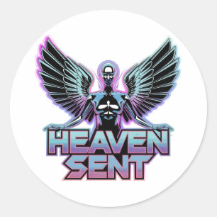 Pegatina Redonda Un ángel metálico brillante con alas, diseño Y2K